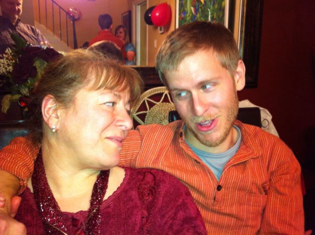 Our reunion when I came home many months later.  I insisted on not telling anyone when I was coming home from India, which my mother did not appreciate.  I finally showed up part way through my nephew's birthday party at my sister's place.  